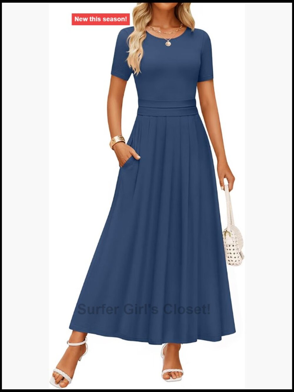 Short Sleeve Crewneck High Waist Flowy A-Line Midi Dress with Pockets